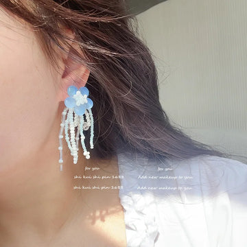 DAIIIBABYYY  -  Blue peach jade earrings Korean niche fresh and elegant flower beaded tassel earrings